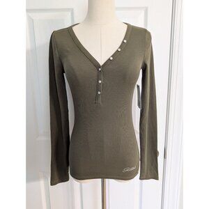 Guess Y2K Deep V Rhinestone Spell Out Olive Green Long Sleeve Henley Top Sz S